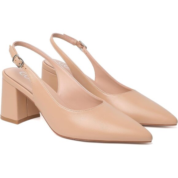 Women's Nude Pointed Closed Toe Slingback Chunky Heels Office Work Pump Shoes - Picture 6 of 9